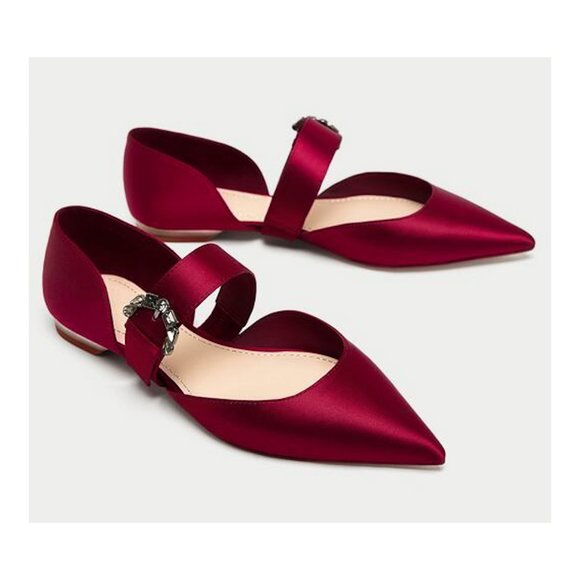 Zara Shoes - SOLD! ZARA Red Pointed Toe Rhinestone Buckle Satin Ballet Flats NEW